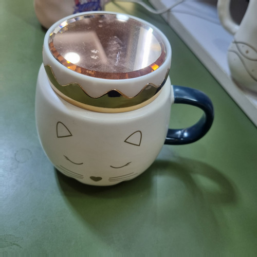 ماگ دکوری درب آینهای طرح گربه دسته آبی کد CN1023